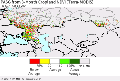 Russian Federation PASG from 3-Month Cropland NDVI (Terra-MODIS) Thematic Map For 4/6/2024 - 4/13/2024