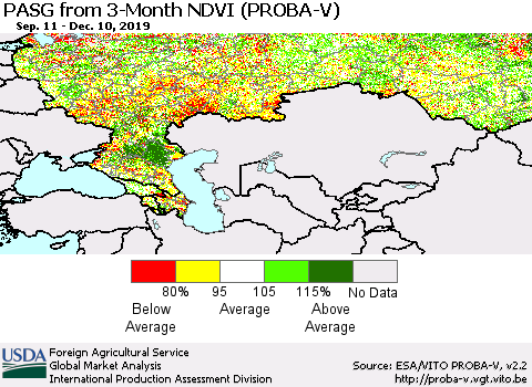 Russian Federation PASG from 3-Month NDVI (PROBA-V) Thematic Map For 12/1/2019 - 12/10/2019