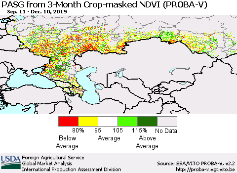 Russian Federation PASG from 3-Month Crop-masked NDVI (PROBA-V) Thematic Map For 12/1/2019 - 12/10/2019
