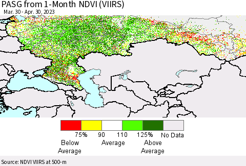 Russian Federation PASG from 1-Month NDVI (VIIRS) Thematic Map For 4/23/2023 - 4/30/2023