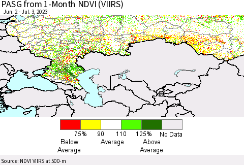 Russian Federation PASG from 1-Month NDVI (VIIRS) Thematic Map For 6/26/2023 - 7/3/2023