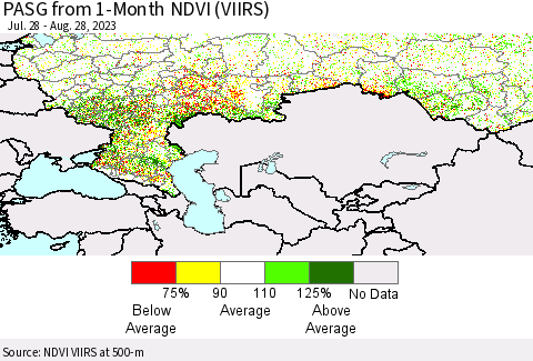 Russian Federation PASG from 1-Month NDVI (VIIRS) Thematic Map For 8/21/2023 - 8/28/2023
