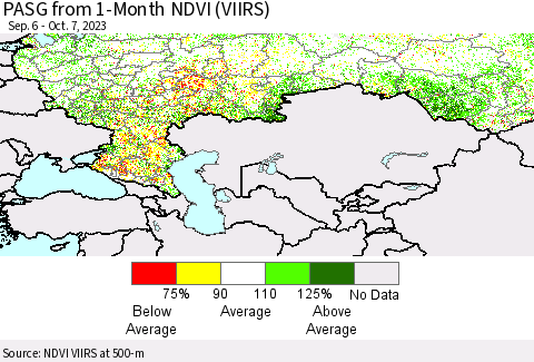 Russian Federation PASG from 1-Month NDVI (VIIRS) Thematic Map For 9/30/2023 - 10/7/2023