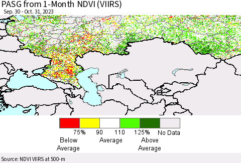 Russian Federation PASG from 1-Month NDVI (VIIRS) Thematic Map For 10/24/2023 - 10/31/2023