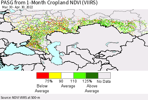 Russian Federation PASG from 1-Month Cropland NDVI (VIIRS) Thematic Map For 4/23/2022 - 4/30/2022