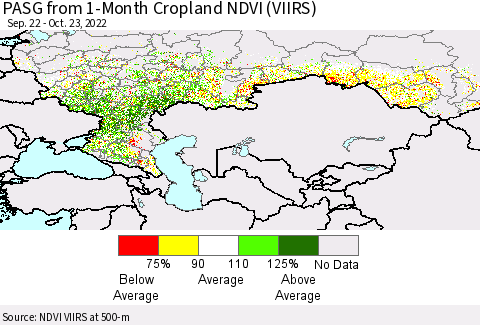 Russian Federation PASG from 1-Month Cropland NDVI (VIIRS) Thematic Map For 10/16/2022 - 10/23/2022