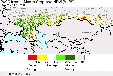 Russian Federation PASG from 1-Month Cropland NDVI (VIIRS) Thematic Map For 10/24/2022 - 10/31/2022