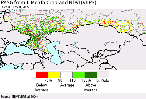 Russian Federation PASG from 1-Month Cropland NDVI (VIIRS) Thematic Map For 11/1/2022 - 11/8/2022