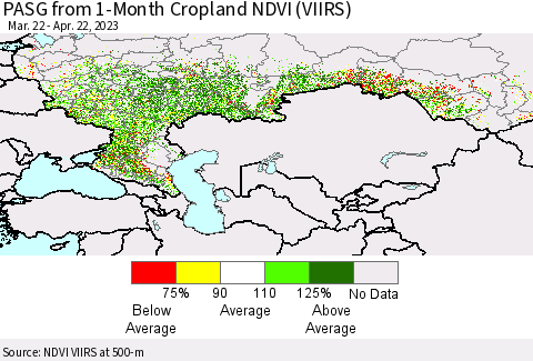 Russian Federation PASG from 1-Month Cropland NDVI (VIIRS) Thematic Map For 4/15/2023 - 4/22/2023