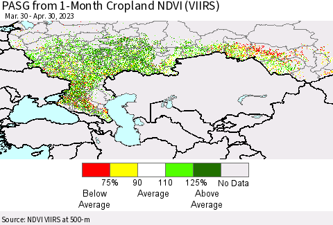 Russian Federation PASG from 1-Month Cropland NDVI (VIIRS) Thematic Map For 4/23/2023 - 4/30/2023