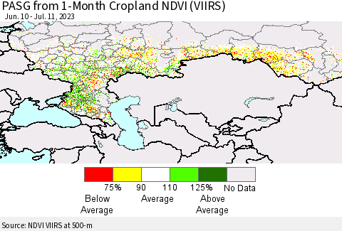 Russian Federation PASG from 1-Month Cropland NDVI (VIIRS) Thematic Map For 7/4/2023 - 7/11/2023