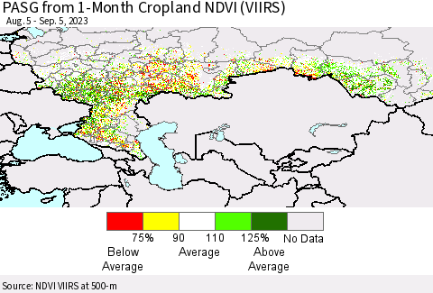 Russian Federation PASG from 1-Month Cropland NDVI (VIIRS) Thematic Map For 8/29/2023 - 9/5/2023