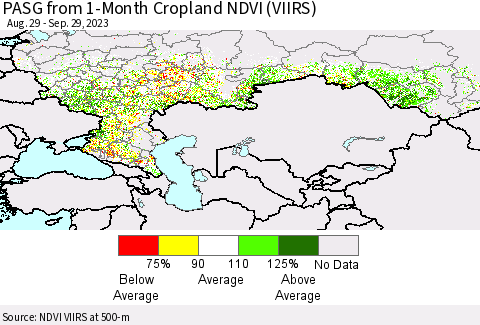 Russian Federation PASG from 1-Month Cropland NDVI (VIIRS) Thematic Map For 9/22/2023 - 9/29/2023