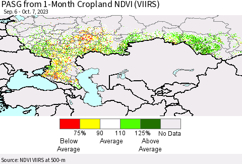 Russian Federation PASG from 1-Month Cropland NDVI (VIIRS) Thematic Map For 9/30/2023 - 10/7/2023