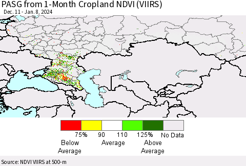 Russian Federation PASG from 1-Month Cropland NDVI (VIIRS) Thematic Map For 1/1/2024 - 1/8/2024