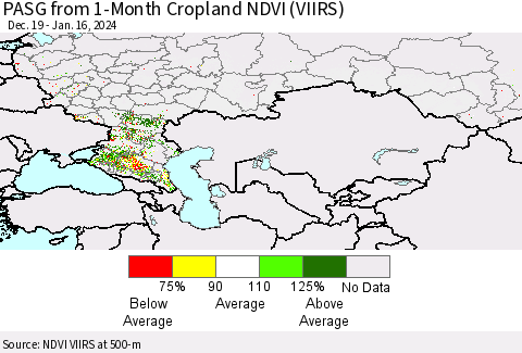 Russian Federation PASG from 1-Month Cropland NDVI (VIIRS) Thematic Map For 1/9/2024 - 1/16/2024