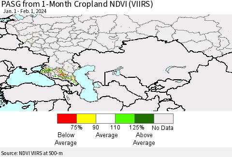 Russian Federation PASG from 1-Month Cropland NDVI (VIIRS) Thematic Map For 1/25/2024 - 2/1/2024
