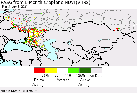 Russian Federation PASG from 1-Month Cropland NDVI (VIIRS) Thematic Map For 3/29/2024 - 4/5/2024