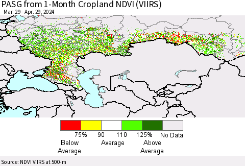 Russian Federation PASG from 1-Month Cropland NDVI (VIIRS) Thematic Map For 4/22/2024 - 4/29/2024