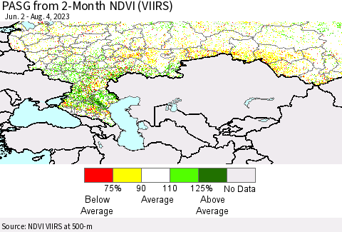 Russian Federation PASG from 2-Month NDVI (VIIRS) Thematic Map For 7/28/2023 - 8/4/2023