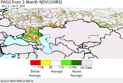 Russian Federation PASG from 2-Month NDVI (VIIRS) Thematic Map For 1/1/2024 - 1/8/2024