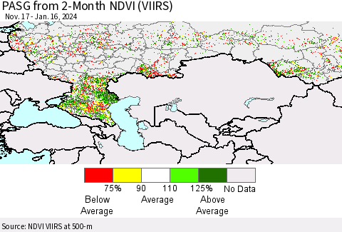 Russian Federation PASG from 2-Month NDVI (VIIRS) Thematic Map For 1/9/2024 - 1/16/2024