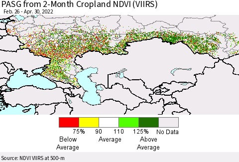 Russian Federation PASG from 2-Month Cropland NDVI (VIIRS) Thematic Map For 4/23/2022 - 4/30/2022