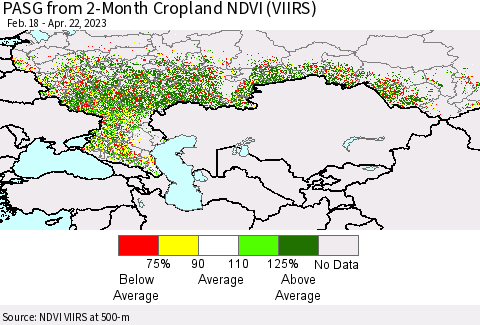 Russian Federation PASG from 2-Month Cropland NDVI (VIIRS) Thematic Map For 4/15/2023 - 4/22/2023