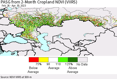 Russian Federation PASG from 2-Month Cropland NDVI (VIIRS) Thematic Map For 4/23/2023 - 4/30/2023