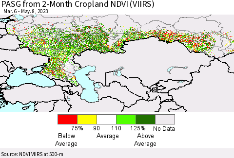 Russian Federation PASG from 2-Month Cropland NDVI (VIIRS) Thematic Map For 5/1/2023 - 5/8/2023