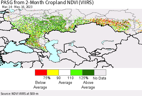 Russian Federation PASG from 2-Month Cropland NDVI (VIIRS) Thematic Map For 5/9/2023 - 5/16/2023