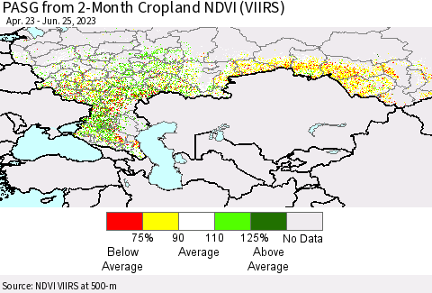 Russian Federation PASG from 2-Month Cropland NDVI (VIIRS) Thematic Map For 6/18/2023 - 6/25/2023
