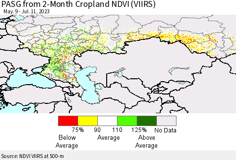 Russian Federation PASG from 2-Month Cropland NDVI (VIIRS) Thematic Map For 7/4/2023 - 7/11/2023