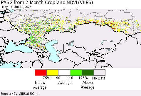 Russian Federation PASG from 2-Month Cropland NDVI (VIIRS) Thematic Map For 7/12/2023 - 7/19/2023