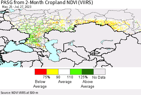 Russian Federation PASG from 2-Month Cropland NDVI (VIIRS) Thematic Map For 7/20/2023 - 7/27/2023