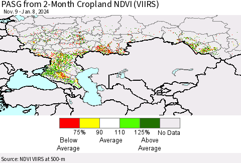 Russian Federation PASG from 2-Month Cropland NDVI (VIIRS) Thematic Map For 1/1/2024 - 1/8/2024