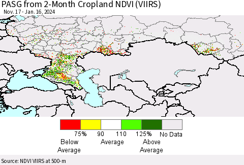 Russian Federation PASG from 2-Month Cropland NDVI (VIIRS) Thematic Map For 1/9/2024 - 1/16/2024