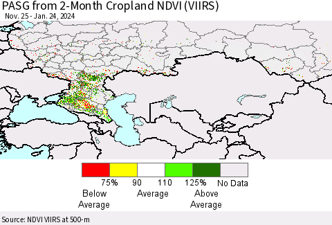 Russian Federation PASG from 2-Month Cropland NDVI (VIIRS) Thematic Map For 1/17/2024 - 1/24/2024