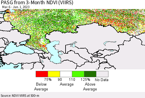 Russian Federation PASG from 3-Month NDVI (VIIRS) Thematic Map For 5/25/2023 - 6/1/2023