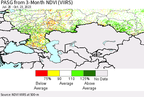Russian Federation PASG from 3-Month NDVI (VIIRS) Thematic Map For 10/16/2023 - 10/23/2023