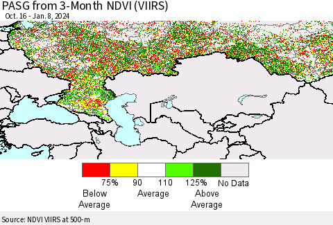 Russian Federation PASG from 3-Month NDVI (VIIRS) Thematic Map For 1/1/2024 - 1/8/2024