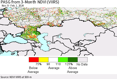 Russian Federation PASG from 3-Month NDVI (VIIRS) Thematic Map For 1/25/2024 - 2/1/2024