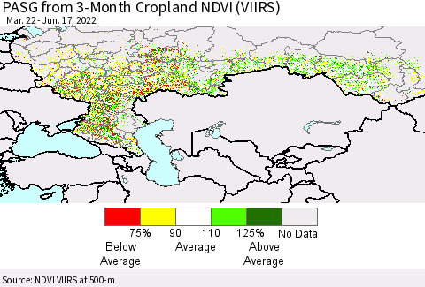 Russian Federation PASG from 3-Month Cropland NDVI (VIIRS) Thematic Map For 6/10/2022 - 6/17/2022