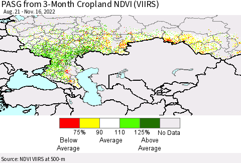 Russian Federation PASG from 3-Month Cropland NDVI (VIIRS) Thematic Map For 11/9/2022 - 11/16/2022