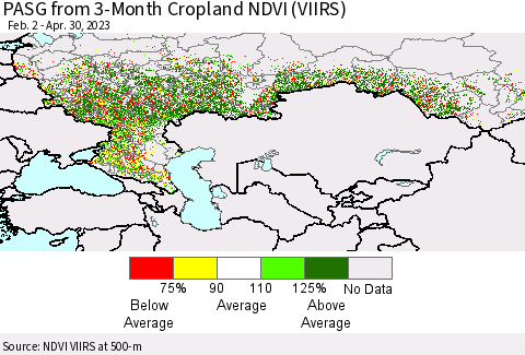 Russian Federation PASG from 3-Month Cropland NDVI (VIIRS) Thematic Map For 4/23/2023 - 4/30/2023