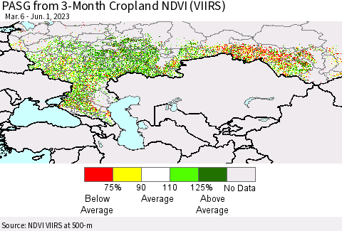 Russian Federation PASG from 3-Month Cropland NDVI (VIIRS) Thematic Map For 5/25/2023 - 6/1/2023