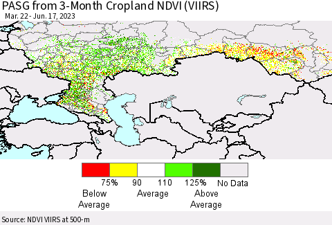 Russian Federation PASG from 3-Month Cropland NDVI (VIIRS) Thematic Map For 6/10/2023 - 6/17/2023