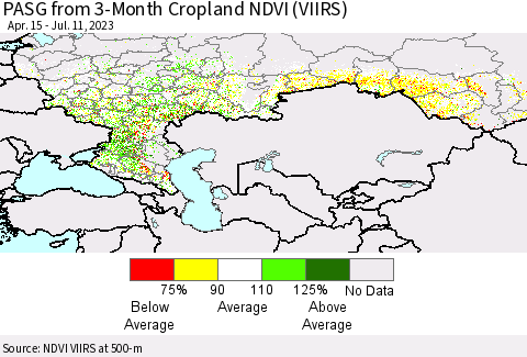 Russian Federation PASG from 3-Month Cropland NDVI (VIIRS) Thematic Map For 7/4/2023 - 7/11/2023