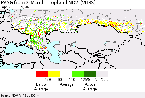 Russian Federation PASG from 3-Month Cropland NDVI (VIIRS) Thematic Map For 7/12/2023 - 7/19/2023