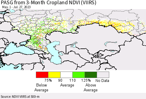 Russian Federation PASG from 3-Month Cropland NDVI (VIIRS) Thematic Map For 7/20/2023 - 7/27/2023